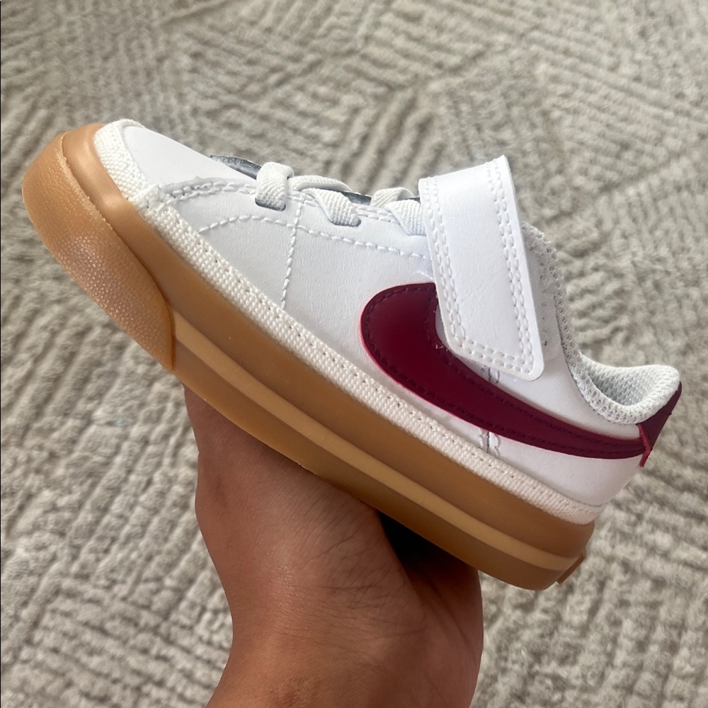 Nike Kids White Sneakers with Maroon Swoosh and Gum Sole